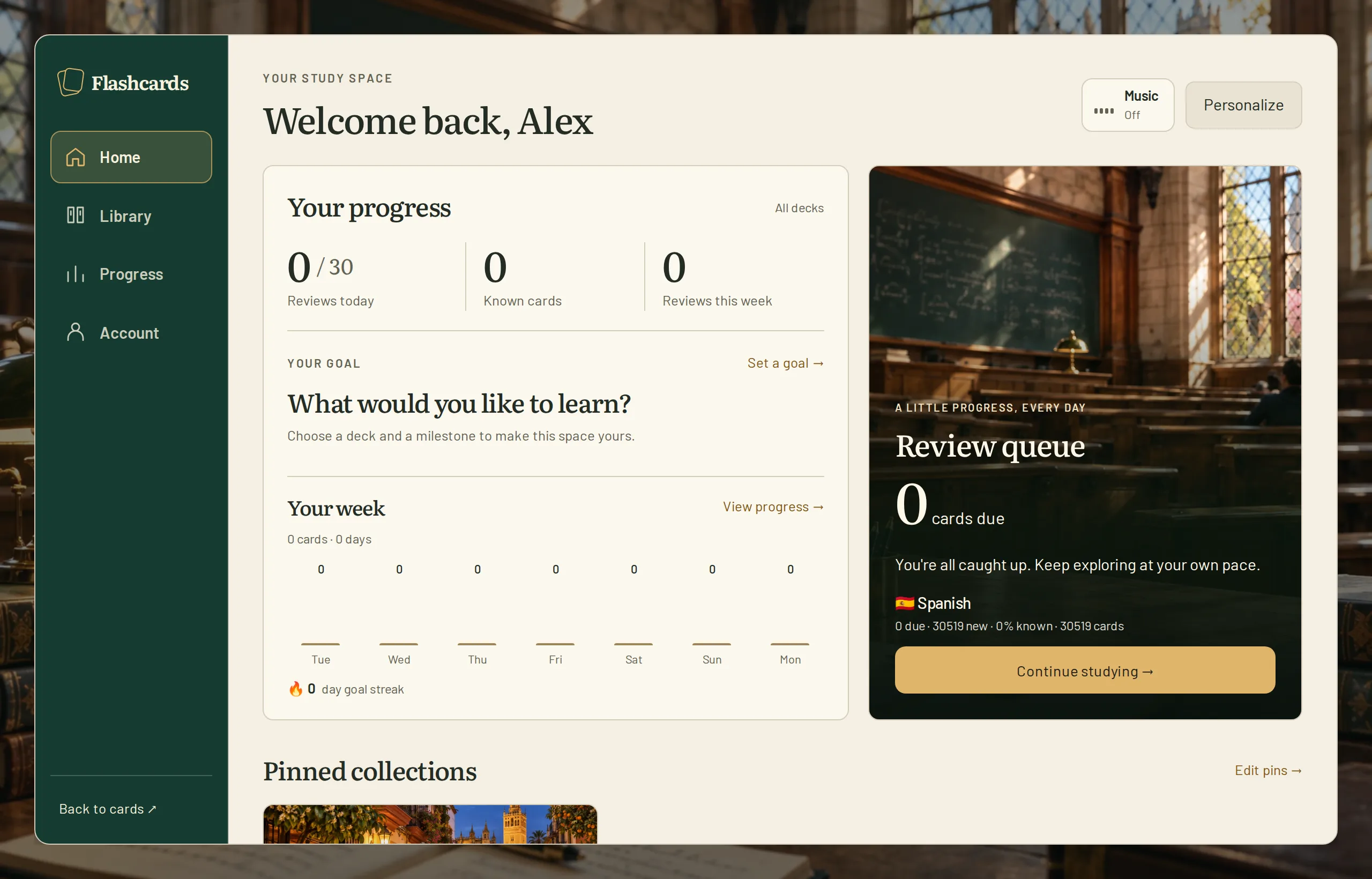 Velocer on a desktop: the home screen with progress and the study scene