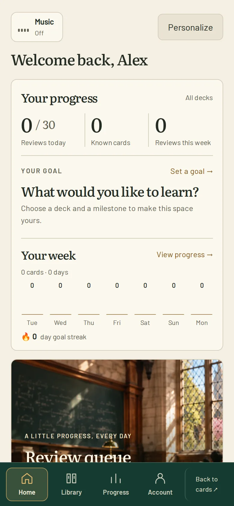 Velocer home screen on a phone: progress, goal, and the week